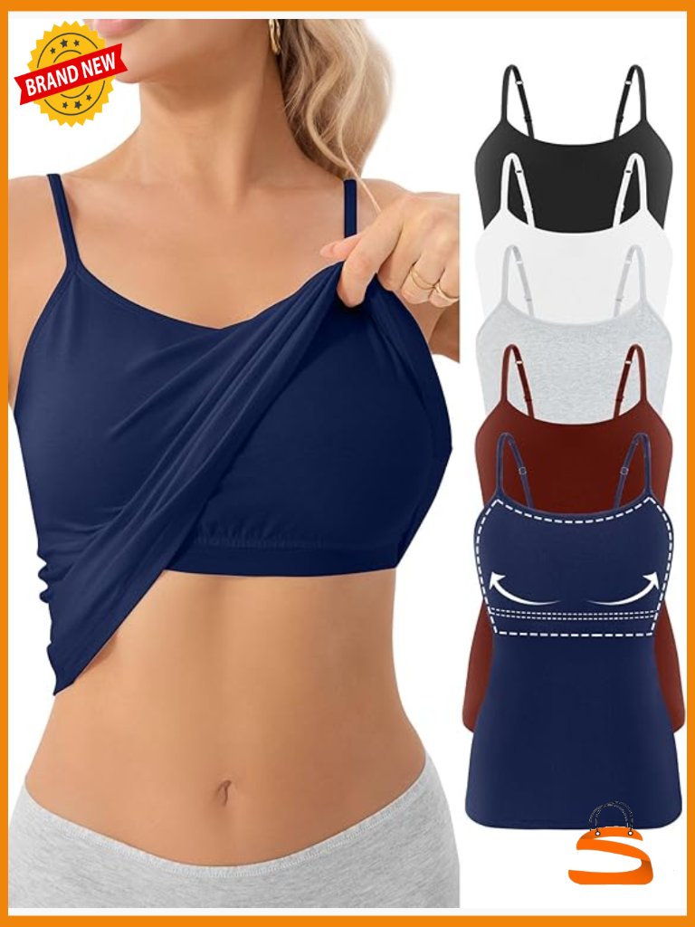 5 Pack Cotton Tank Tops With Built In Bras Adjustable Spaghetti Strap Camisole